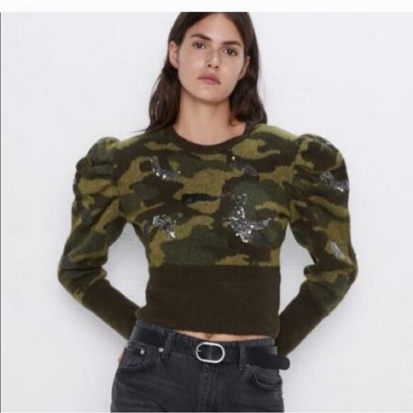 ZARA | Camo Sweater Cropped Sequin Details Military Green Sz LARGE - Picture 2 of 6